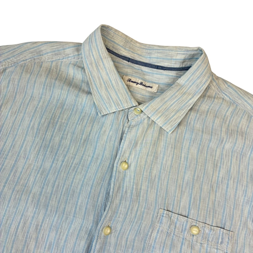 Tommy Bahama Shirt Mens XXL Light Blue Striped Linen Tencel Short Sleeve Casual